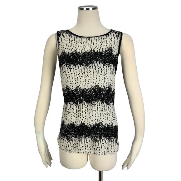 LOFT Small Tank Top Black White Beaded Party Sleeveless Ann Taylor 2 4 6 - Picture 1 of 6